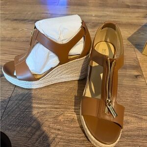MICHAEL Michael Kors Brown Wedge Sandals with Gold Zipper